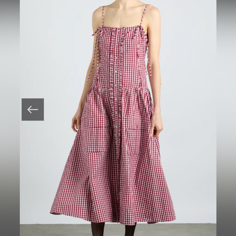 Damson Madder Faith Midi Dress - Cherry Gingham Red Organic Cotton Size 14 US